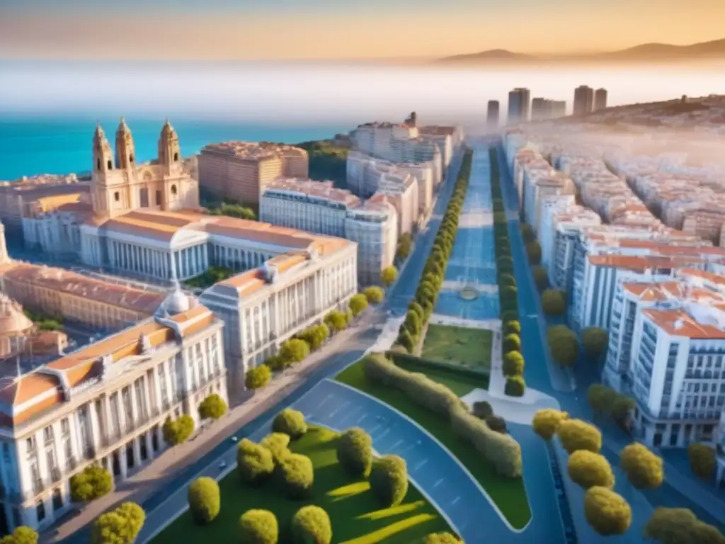 Inversión inmobiliaria en España: pasado y futuro en armonía Vista aérea de una ciudad bulliciosa en España con rascacielos modernos y edificios históricos, resaltando la Importancia ubicación inversión inmobiliaria España