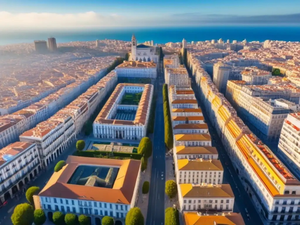 Panorama urbano de España: arquitectura histórica y rascacielos modernos bajo cielo azul Vista aérea de una ciudad bulliciosa en España con mezcla de arquitectura histórica y rascacielos modernos bajo cielo azul