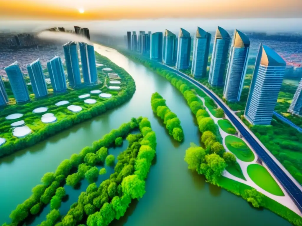 Metrópolis en desarrollo: paisaje urbano con rascacielos y parques verdes Vista aérea de una ciudad bulliciosa con rascacielos modernos, rodeada de parques verdes y un río