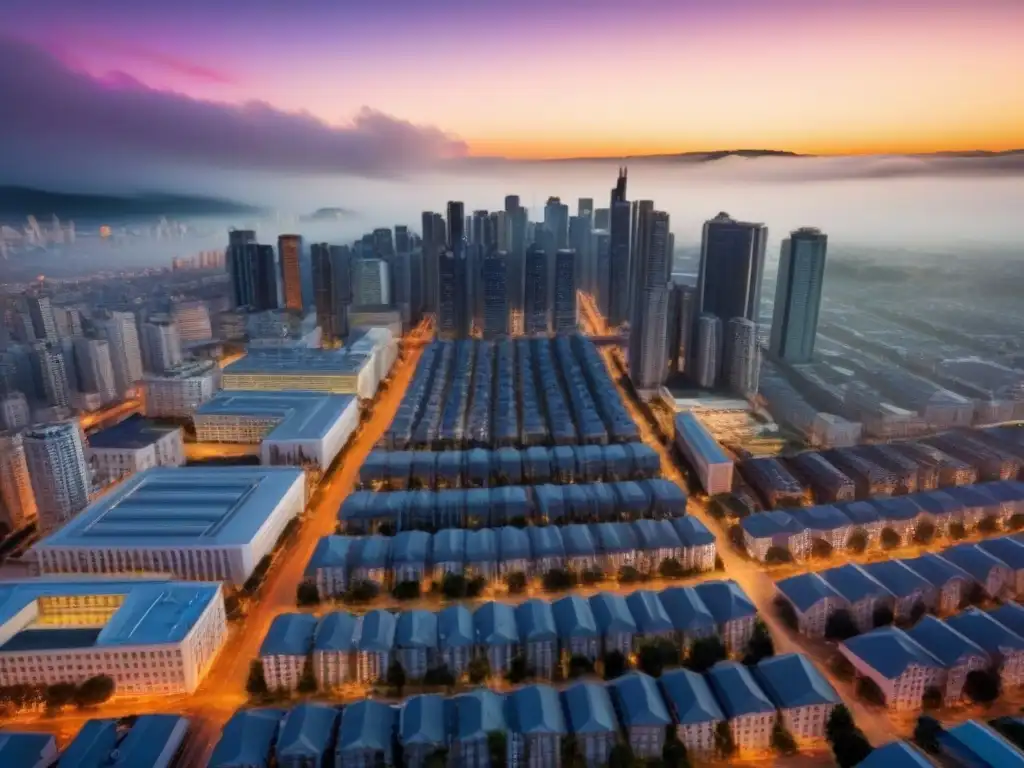 Vista aérea: Integración de estacionamientos en la ciudad Vista aérea de una ciudad bulliciosa con edificios modernos y estacionamientos interconectados llenos de autos, mostrando el impacto en la valoración de propiedades