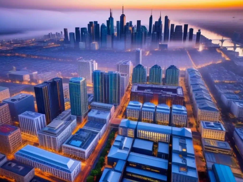 Inversión inmobiliaria: ciudad diversa y próspera Vista aérea de ciudad comercial con oportunidades inversión mercado propiedades comerciales, arquitectura moderna e histórica, bañada en luz cálida