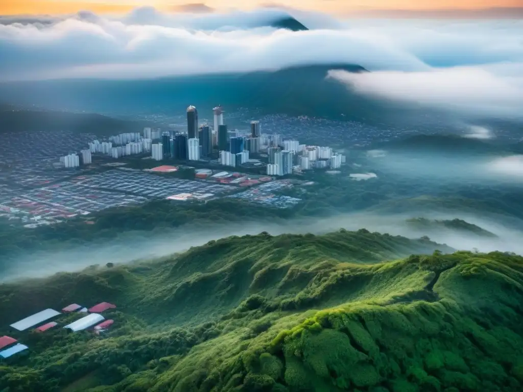 Costa Rica: Auge inmobiliario en ciudad moderna Vista aérea de ciudad en Costa Rica con rascacielos, barrios vibrantes y vegetación exuberante