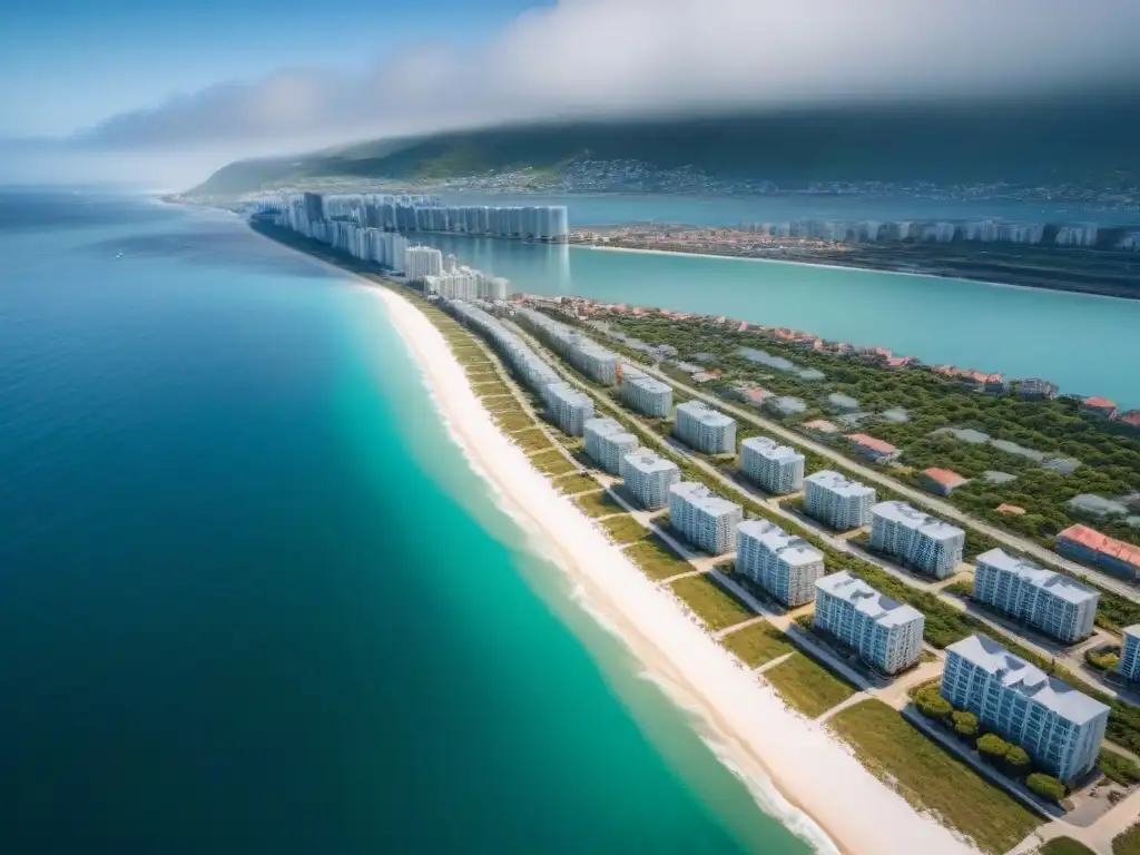 Armonía entre arquitectura moderna y belleza costera en ciudad costera Vista aérea de una ciudad costera con modernos edificios en la costa, equilibrando restricciones de construcción y conservación costera