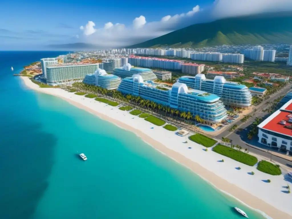 Vista aérea impresionante de ciudad costera en México: arquitectura moderna y diseño tradicional mexicano junto al mar turquesa Vista aérea de ciudad costera en México: hoteles, villas, mercados y aguas turquesas