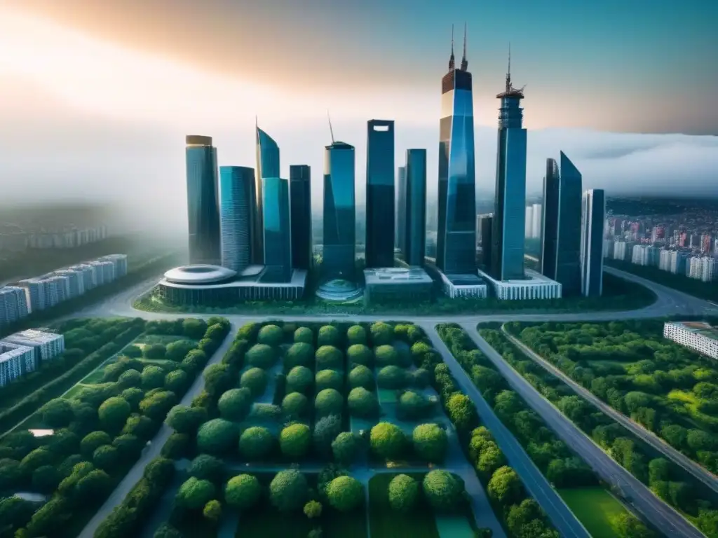 Panorama urbano: modernos rascacielos, zonas verdes y vida cotidiana Vista aérea de una ciudad dinámica con rascacielos, edificios residenciales y espacios verdes, mostrando las diferencias ROI ROE bienes raíces