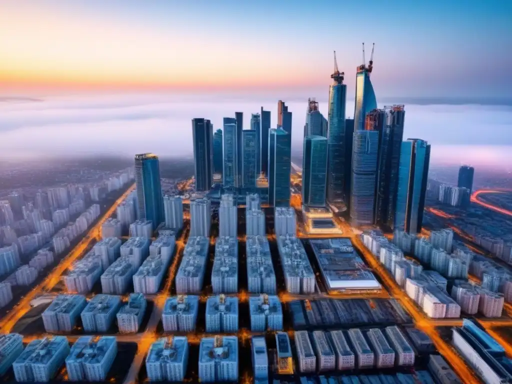 Metrópolis en crecimiento: oportunidades de inversión inmobiliaria Vista aérea de una ciudad dinámica con rascacielos modernos y obras en construcción, mostrando el crecimiento urbano y las oportunidades de inversión en el mercado inmobiliario