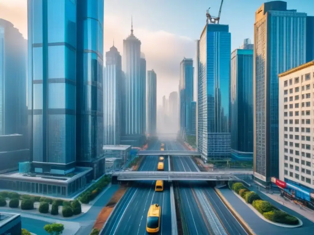 Metrópolis en crecimiento: real estate en acción Vista aérea de una ciudad dinámica con rascacielos modernos y edificios residenciales, reflejando la energía vibrante del desarrollo urbano
