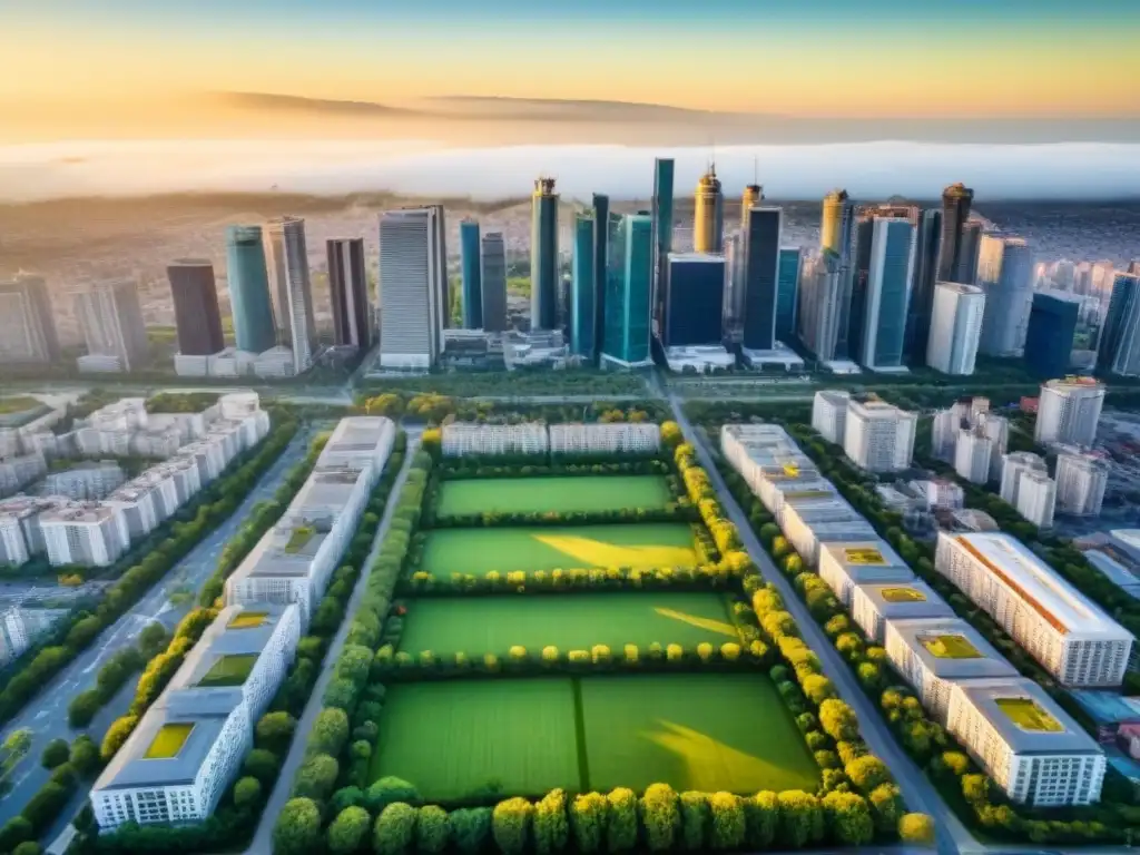 Cityscape moderno y dinámico: Evolución urbana y políticas de vivienda Vista aérea de una ciudad dinámica con rascacielos modernos, edificios residenciales y espacios verdes, reflejo de las Políticas de vivienda mercado inmobiliario