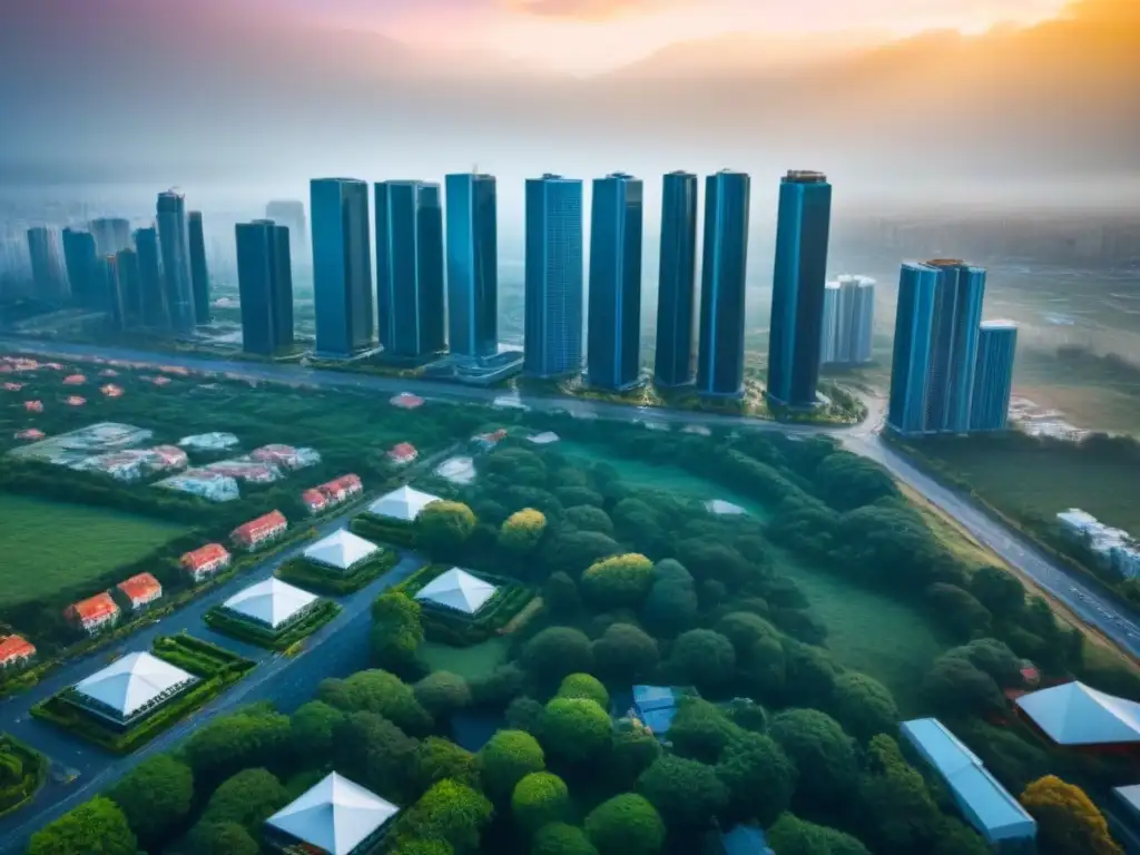 Inversiones inmobiliarias diversificadas en la ciudad Vista aérea de ciudad con diversidad de propiedades inmobiliarias, reflejando la diversificación fondos inversión inmobiliaria