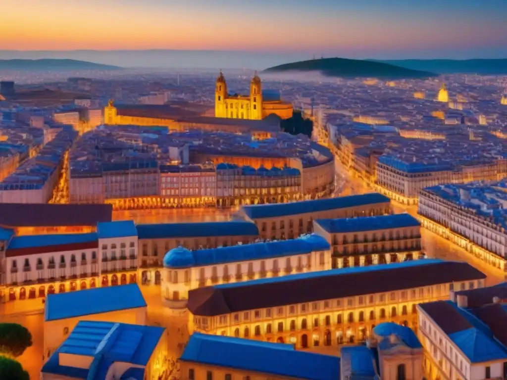 Vista aérea de ciudad española: mercado inmobiliario dinámico Vista aérea de una ciudad española con rascacielos modernos, arquitectura tradicional y mercados vibrantes