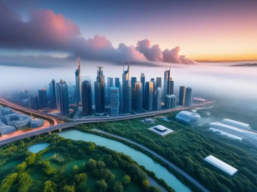 Ciudad futurista con infraestructura resiliente y tecnología avanzada Vista aérea de ciudad futurista con infraestructuras resilientes y tecnología avanzada, enfatizando el plan de acción preservación infraestructuras