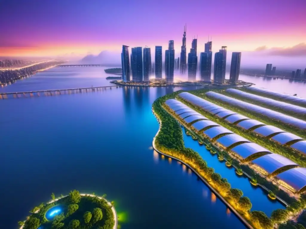 Metrópolis futurista: armonía entre naturaleza y tecnología Vista aérea de una ciudad futurista al anochecer con rascacielos brillantes y tecnología en mercado inmobiliario español
