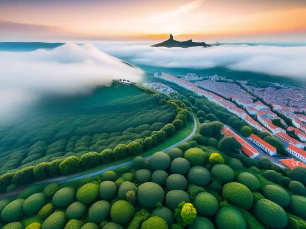 Arquitectura histórica entre vegetación: equilibrio perfecto Vista aérea de una ciudad histórica con edificios bien conservados de diferentes estilos, rodeada de vegetación y calles empedradas