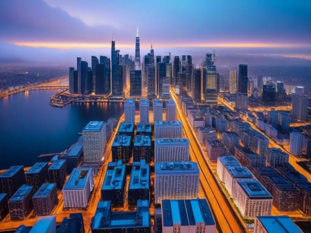 Metrópolis brillante: ciudad moderna al anochecer Vista aérea de ciudad iluminada al atardecer, simbolizando crecimiento y oportunidad en Financiamiento alternativo para desarrolladores inmobiliarios