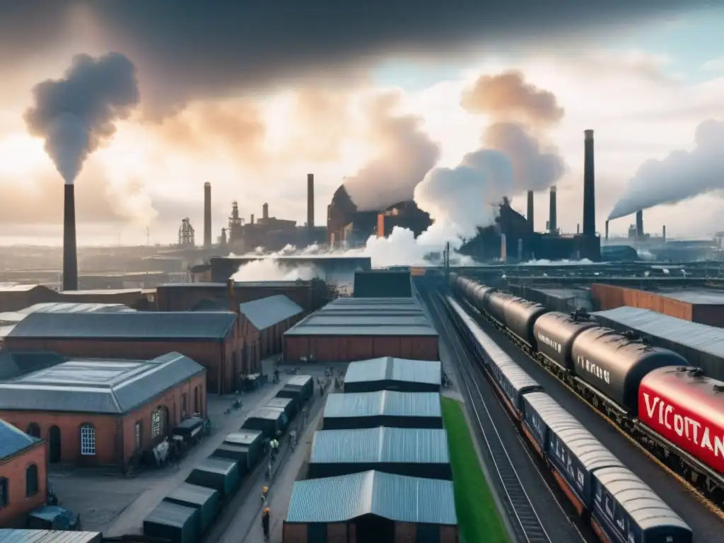 Metrópolis industrial: evolución urbana entre el pasado y el presente Una vista aérea de una ciudad industrial con fábricas altas, trabajadores y calles ocupadas