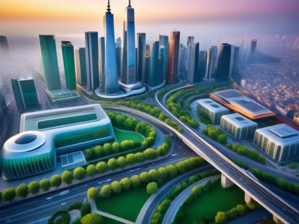 Metrópolis diversa: arquitectura innovadora y espacios verdes fusionados Vista aérea de ciudad innovadora con arquitectura diversa y espacios verdes