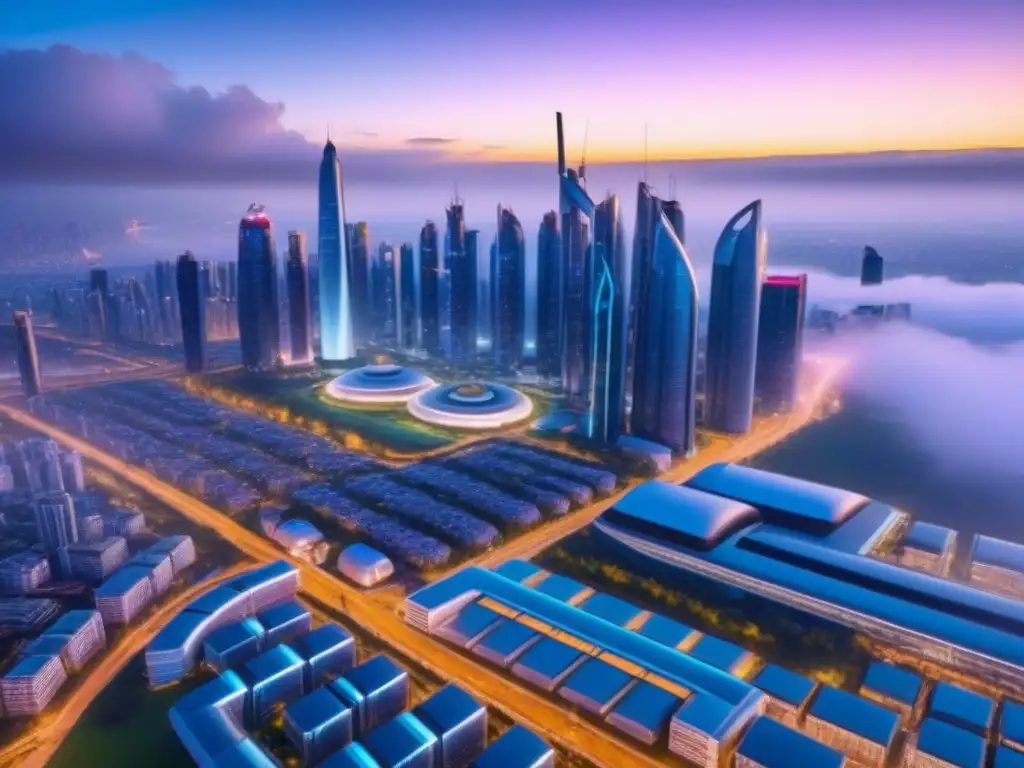 Smart city del futuro: tecnología y sostenibilidad en neón Vista aérea de una ciudad inteligente futurista con energía renovable y transporte avanzado, iluminada por luces de neón