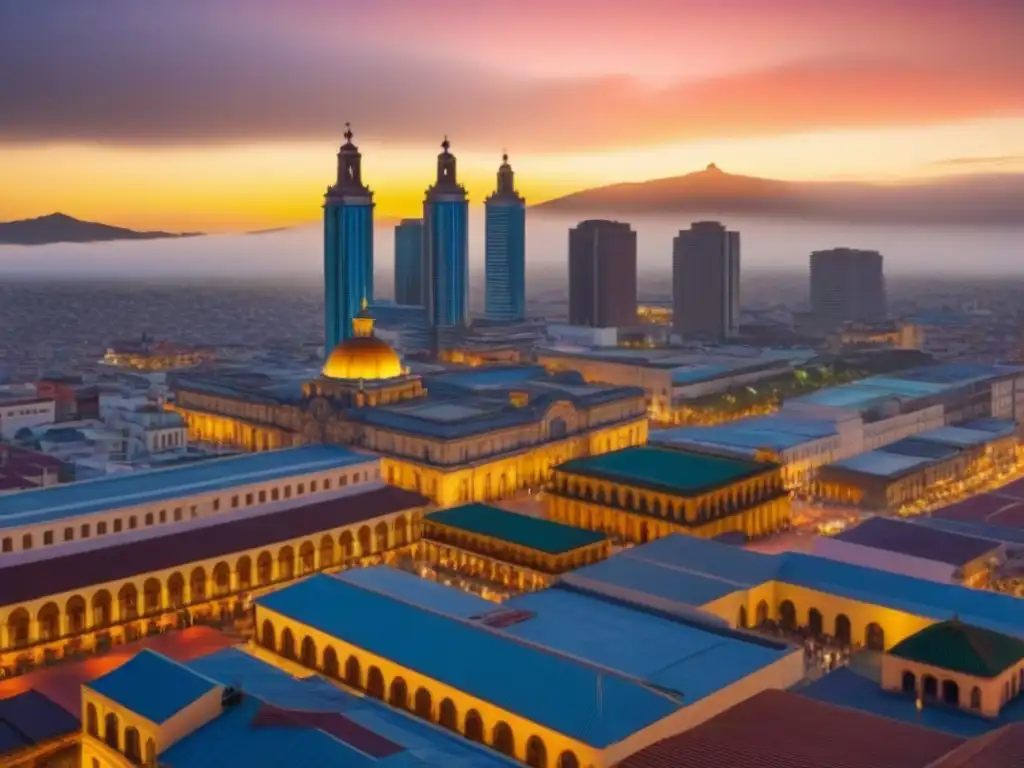 Deslumbrante panorama urbano de México: modernidad y tradición al amanecer 'Vista aérea de ciudad mexicana al amanecer con rascacielos modernos y arquitectura histórica, mercado callejero vibrante