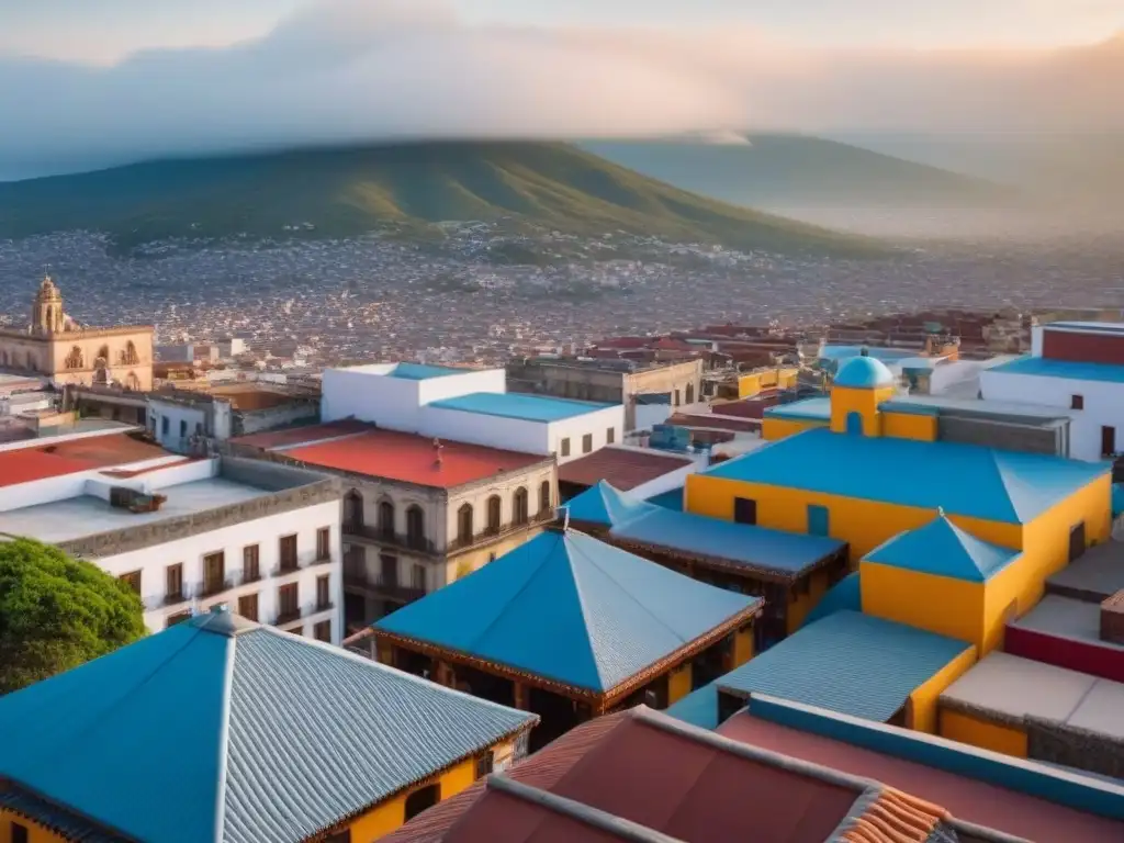 Contraste urbano en México: tradición y modernidad Vista aérea de ciudad mexicana con rascacielos modernos y elementos tradicionales, mercados callejeros y techos coloridos bajo cielo azul