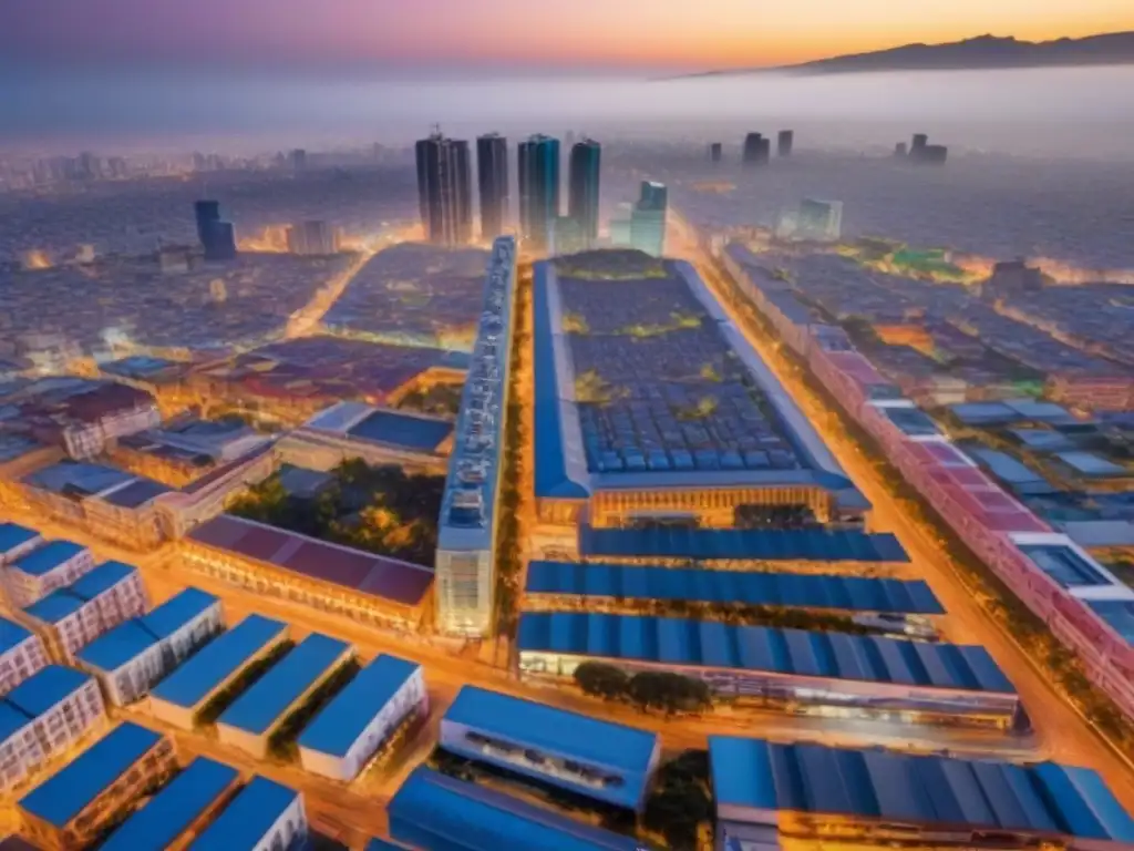 Vista aérea de ciudad mexicana en transformación Vista aérea de una ciudad mexicana en transformación con rascacielos modernos y calles llenas de gente y autos