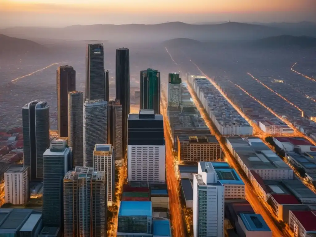 Transformación urbana: Ciudad mexicana con rascacielos y mercados vibrantes Vista aérea de la ciudad mexicana con rascacielos, calles transitadas y mercados vibrantes