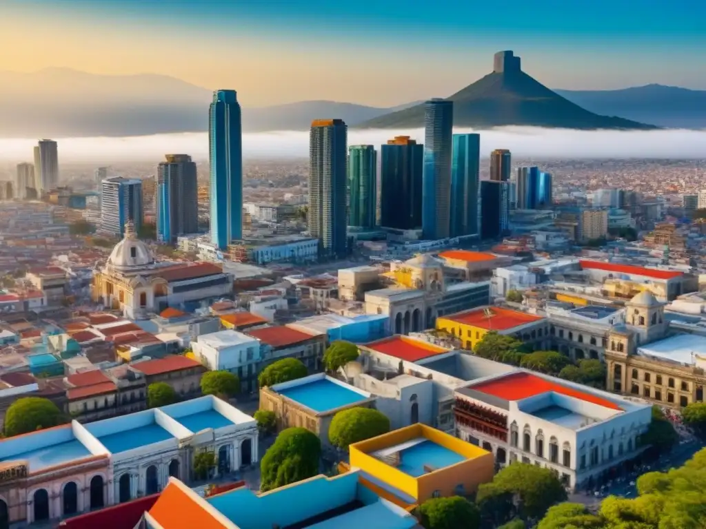 Contrastes arquitectónicos: Ciudad mexicana vibrante y moderna 'Vista aérea de una ciudad mexicana: fusión de arquitectura tradicional y moderna, reflejo de Licencias inmobiliarias México'