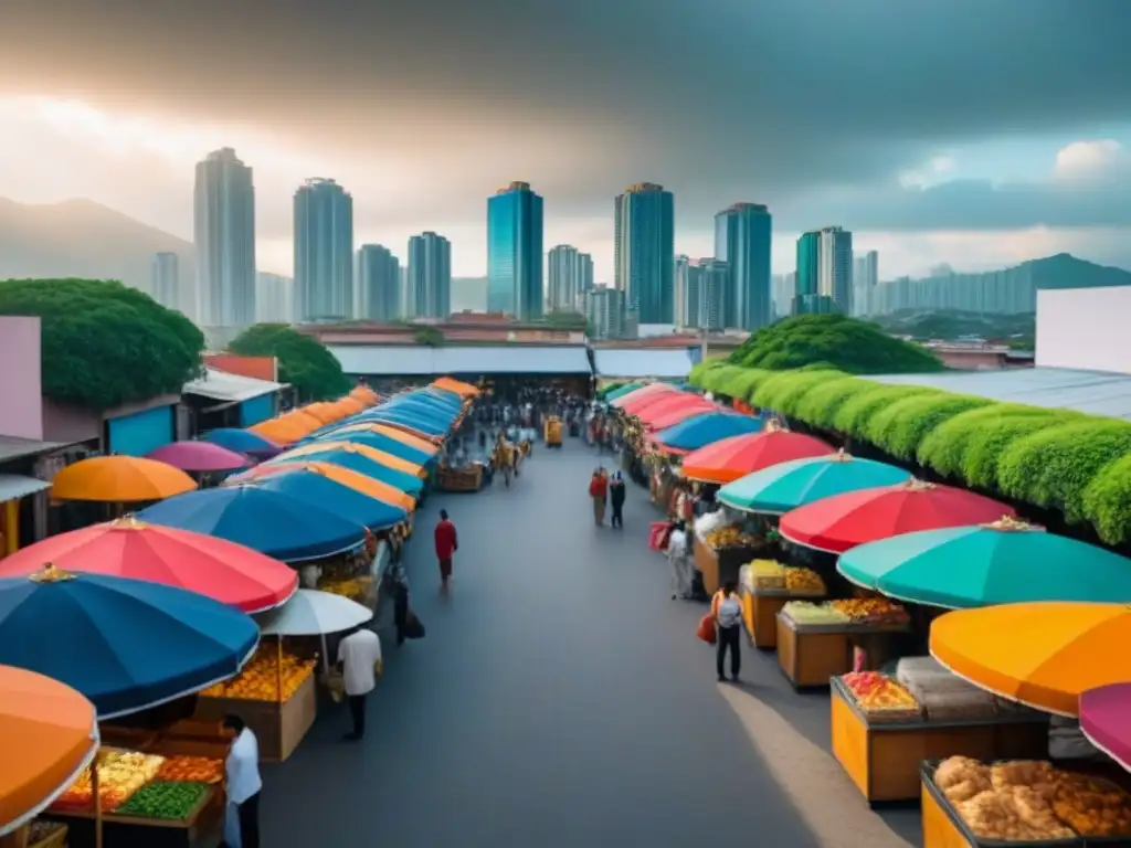 Vibrante ciudad mexicana: mercado callejero y modernos rascacielos Vista aérea de una ciudad mexicana con modernos rascacielos y un bullicioso mercado callejero