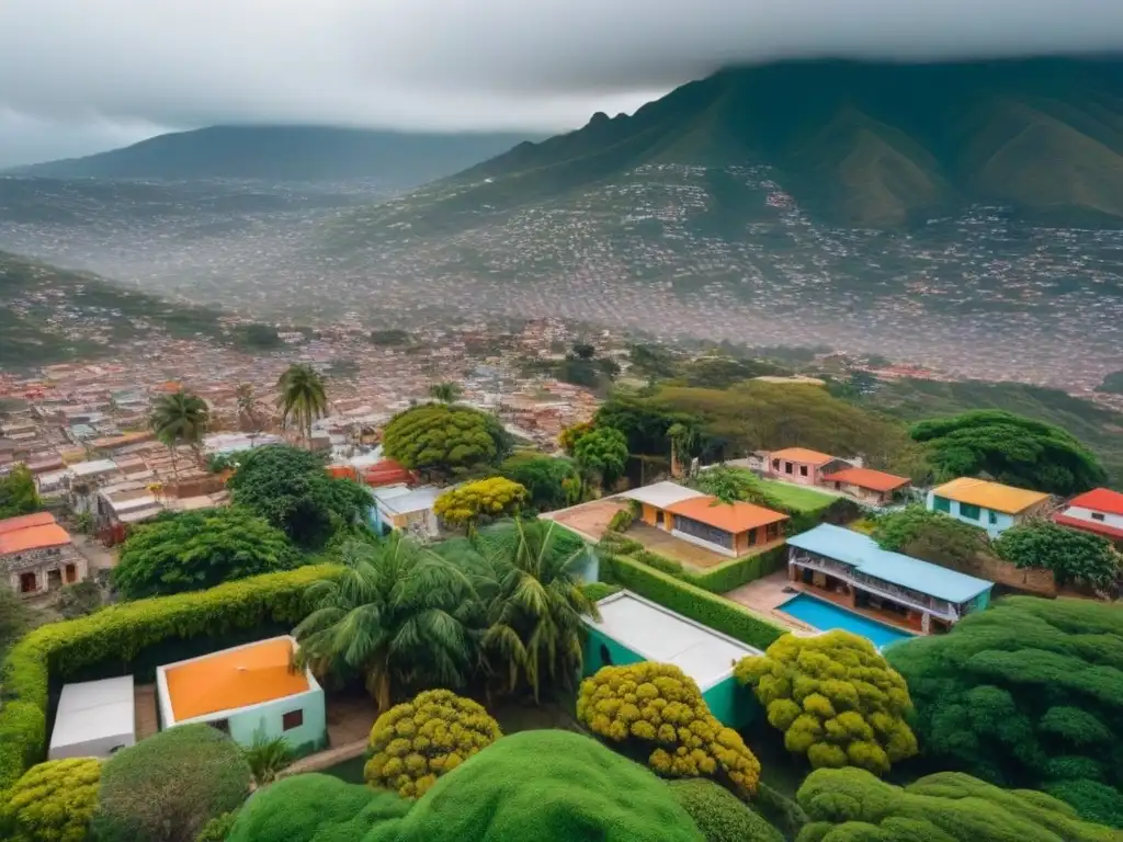 Vista aérea de ciudad mexicana: casas coloniales, rascacielos y haciendas Vista aérea de una ciudad mexicana vibrante con diversos tipos de propiedades