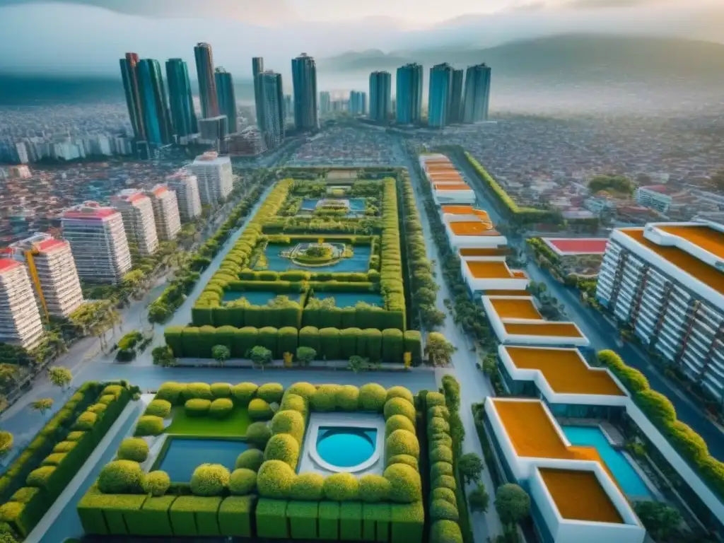 Vibrante panorama urbano de México: mezcla de tradición y modernidad Vista aérea de una ciudad mexicana vibrante con rascacielos modernos y diseño arquitectónico futurista, reflejando las tendencias mercado inmobiliario México
