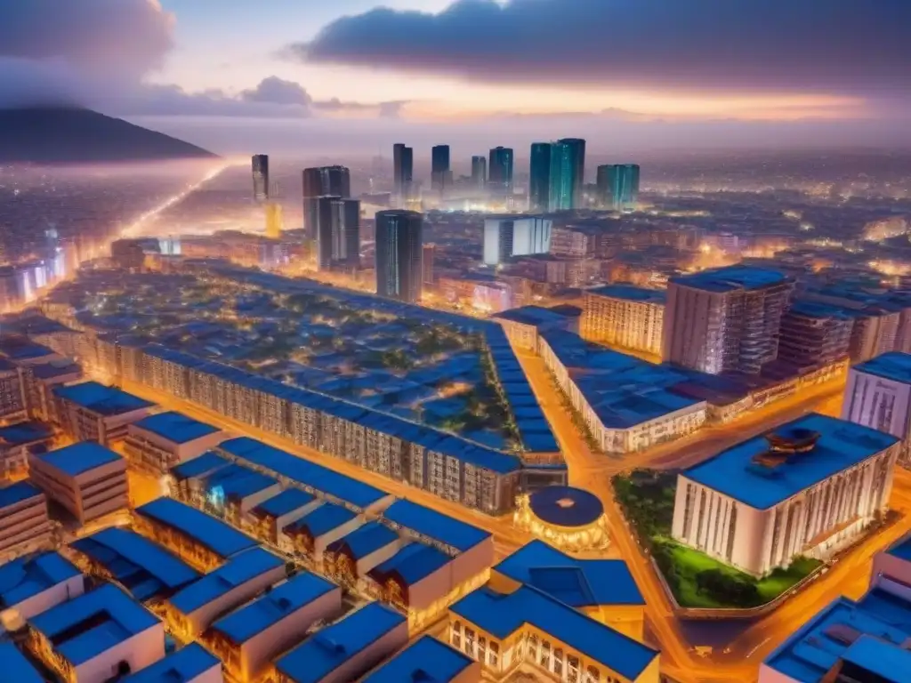 Cityscape futurista en México: integración tecnológica en bienes raíces Vista aérea de una ciudad mexicana con rascacielos futuristas y diseño arquitectónico innovador, fusionando tecnología en mercado inmobiliario México