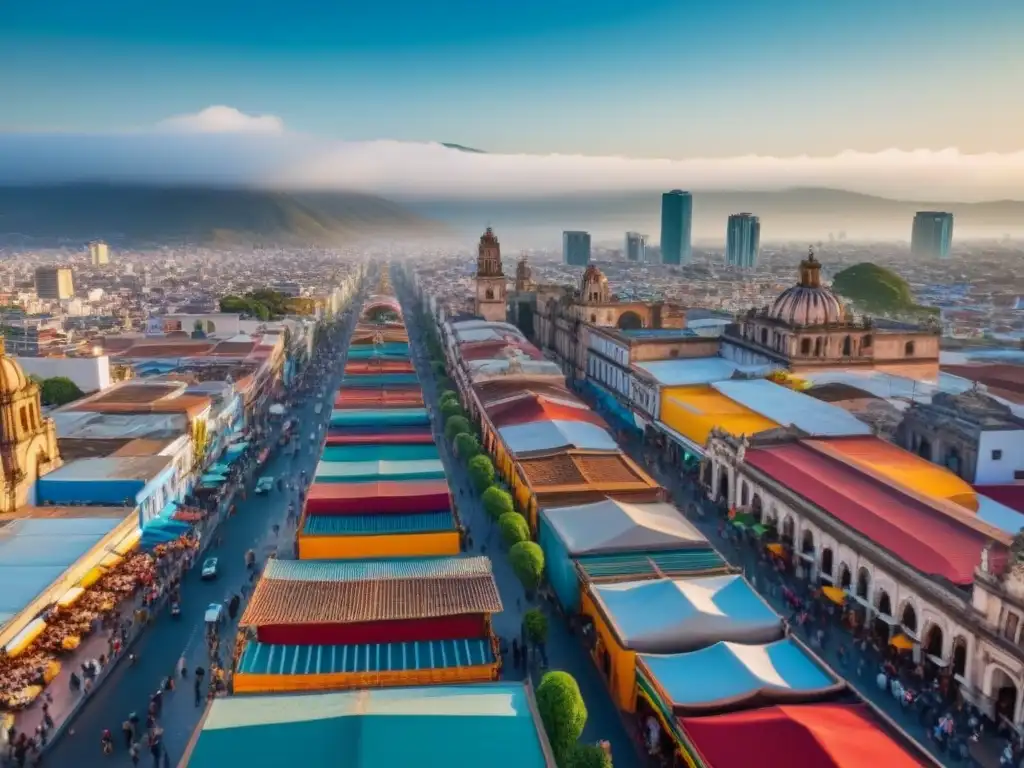 Vibrante paisaje urbano de México: arquitectura moderna y colonial en armonía bajo el cielo azul Vista aérea de una ciudad mexicana vibrante, mezclando rascacielos modernos con arquitectura colonial bajo un cielo azul