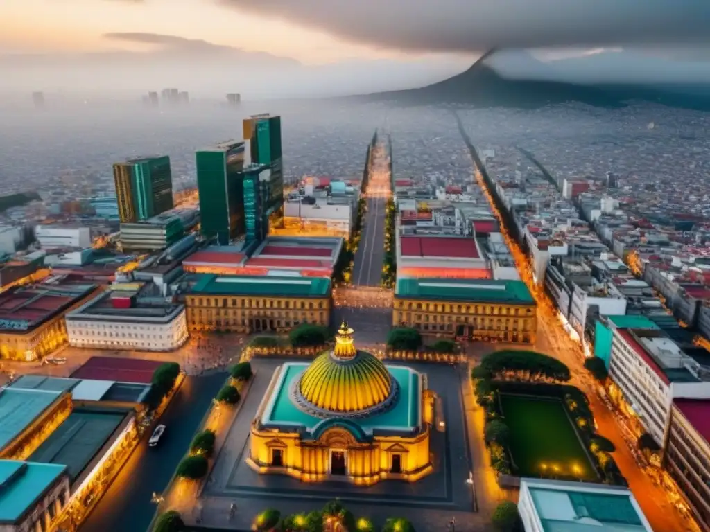 Vibrante Ciudad de México: Skyline histórico y moderno Vista aérea de la Ciudad de México, con su mezcla de rascacielos y edificios históricos