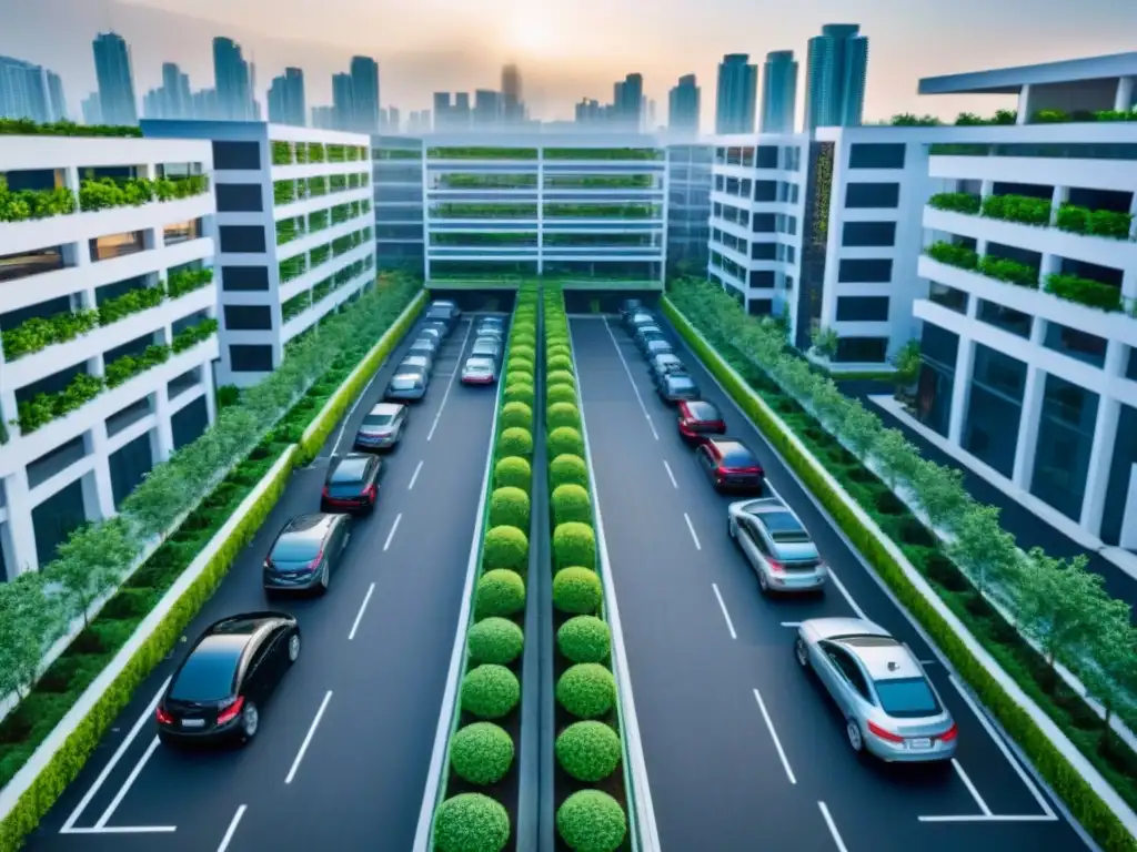 Estacionamientos urbanos: armonía entre modernidad y naturaleza Vista aérea de una ciudad moderna con estacionamientos integrados, edificios altos y vegetación