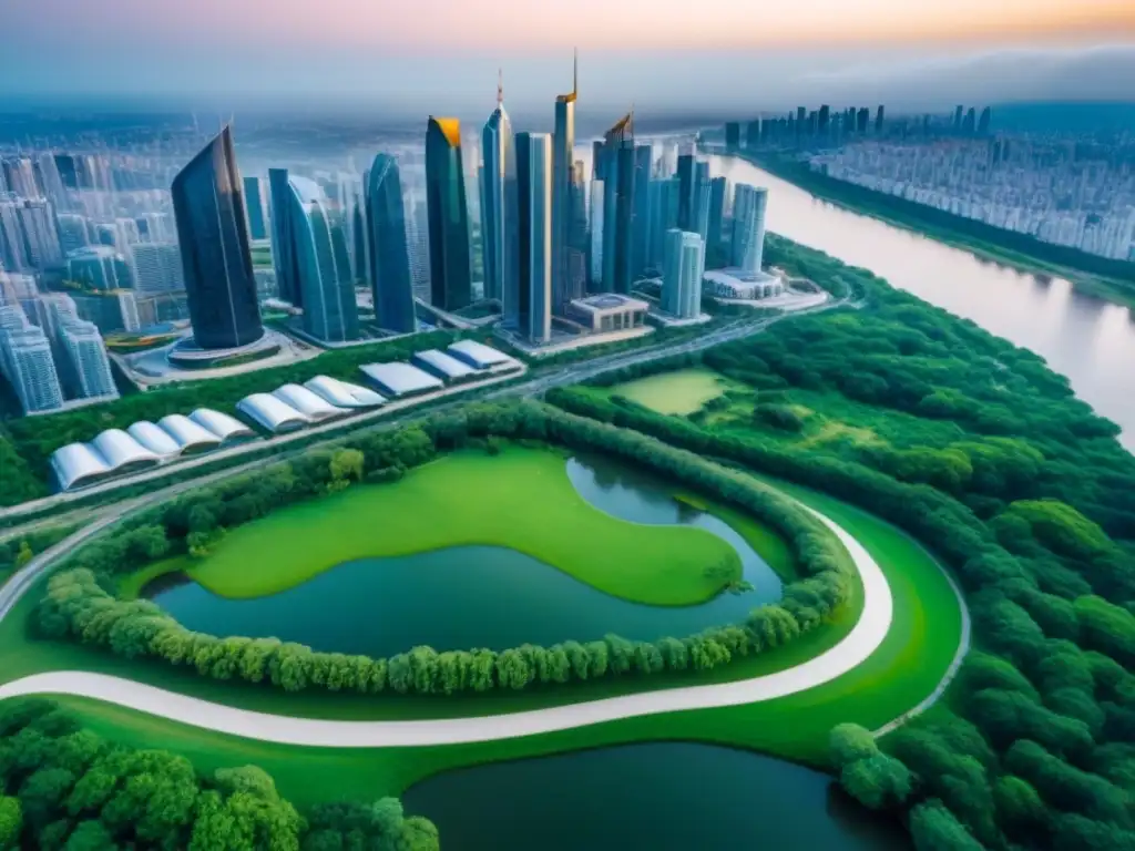 Skyline urbano y naturaleza: clave en inversión inmobiliaria Vista aérea de ciudad moderna con rascacielos y parques verdes