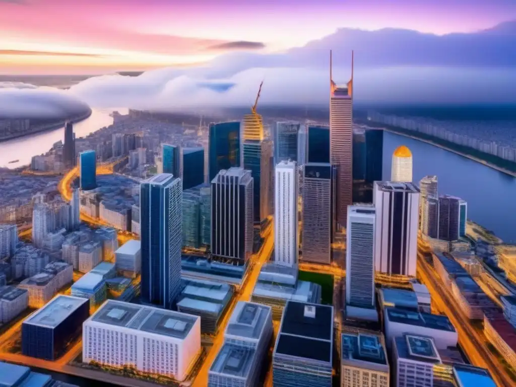 Cityscape moderno al atardecer: skyline de rascacielos iluminados Vista aérea de una ciudad moderna al atardecer, con rascacielos iluminados y reflejos en el río