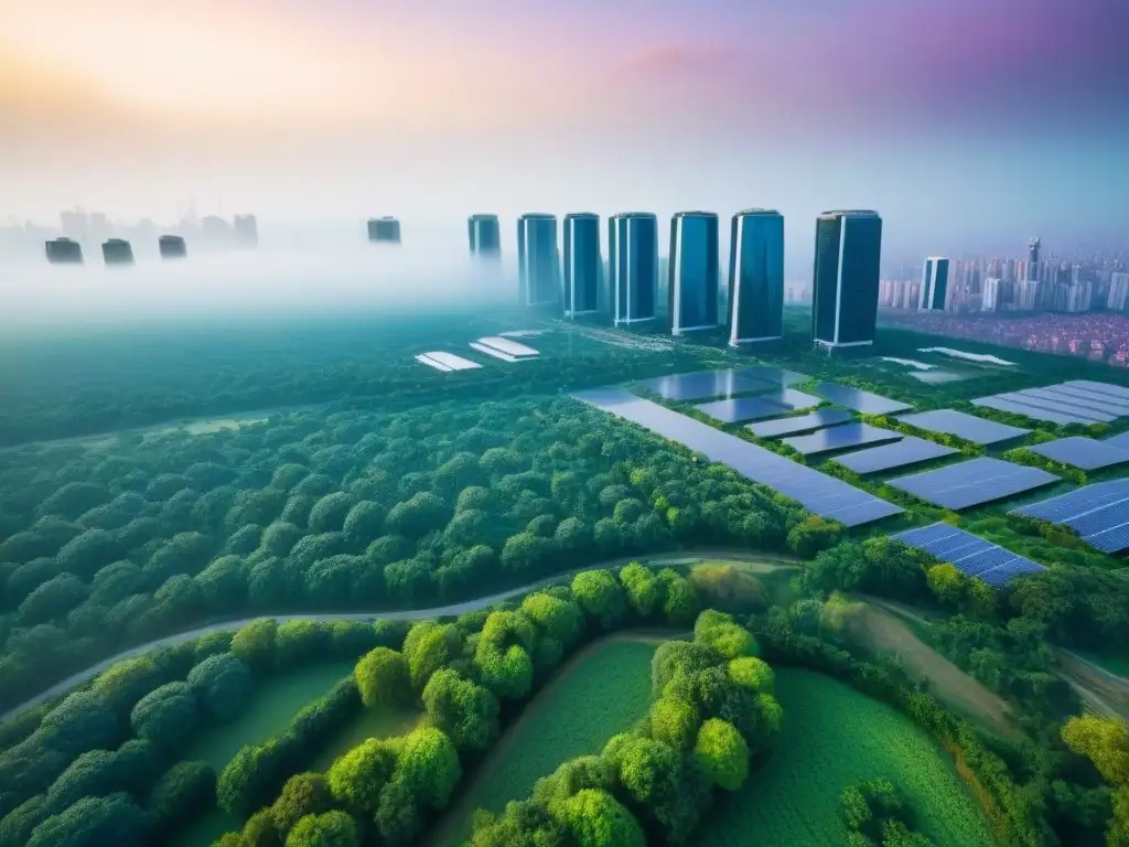 Desarrollo urbano sostenible en ciudad moderna: integración ambiental Vista aérea de ciudad moderna y parques verdes, integrando evaluación riesgo ambiental bienes raíces