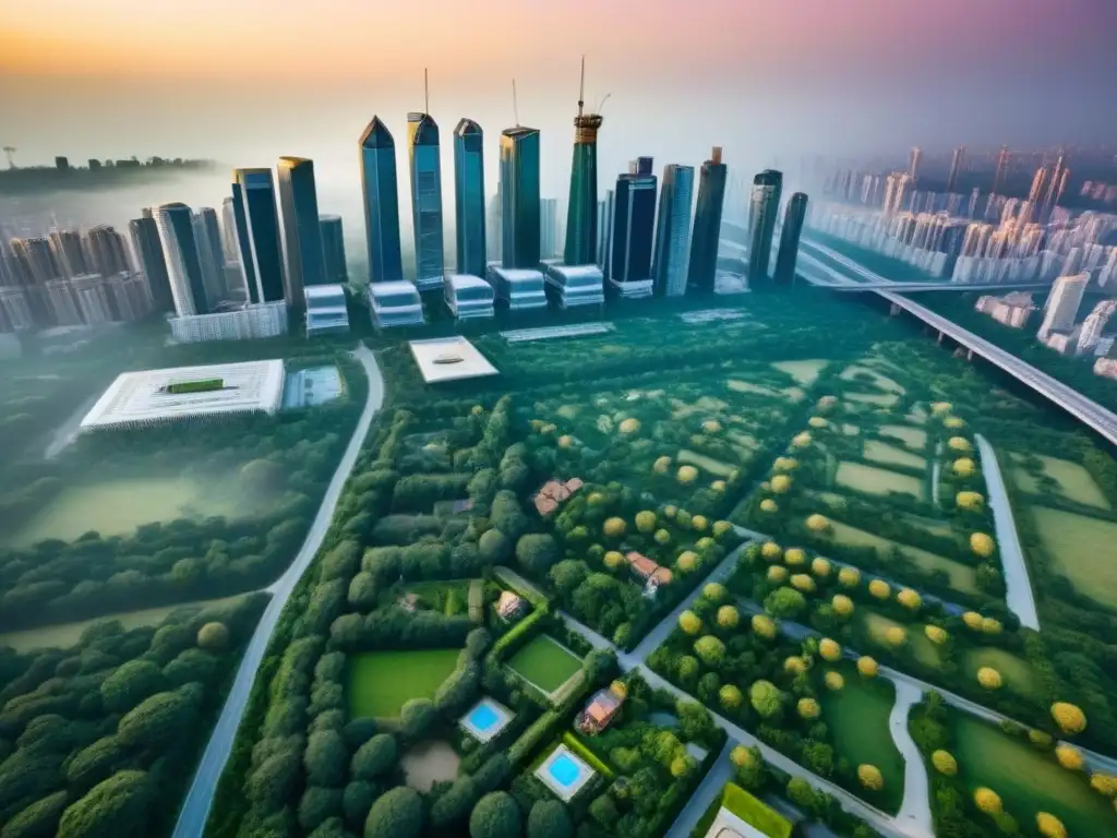 Armonía urbana: rascacielos y naturaleza en equilibrio Vista aérea: ciudad moderna con rascacielos y naturaleza, reflejando armonía entre urbanismo y naturaleza