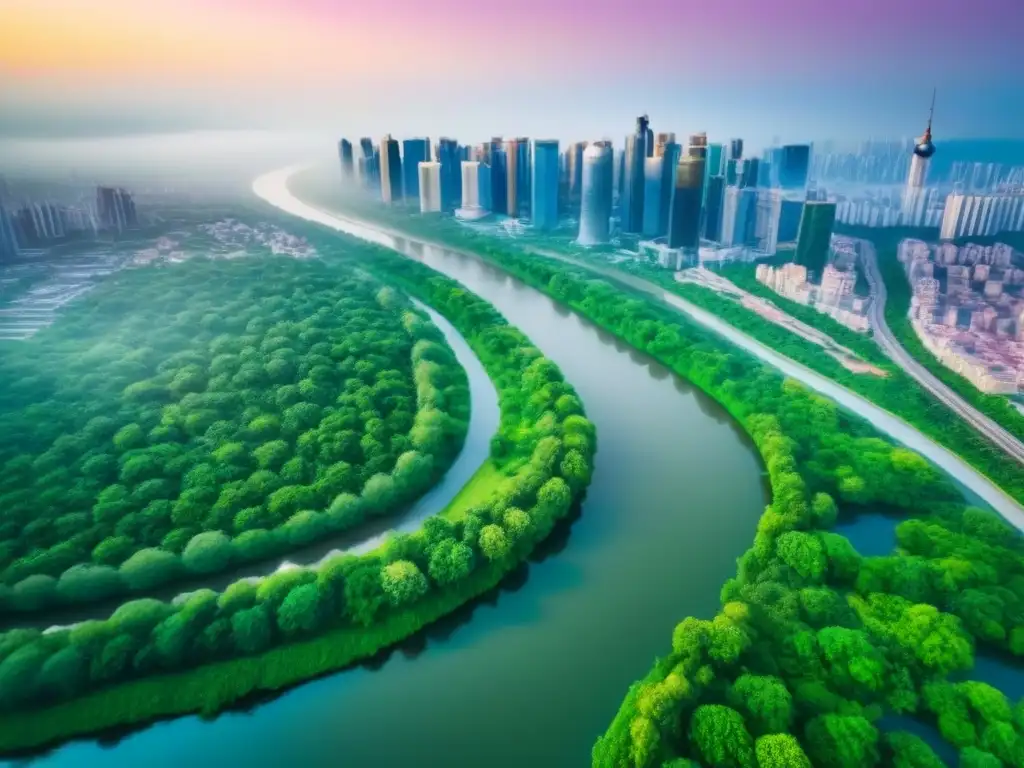 Metrópolis verde: armonía urbana y naturaleza en una ciudad sostenible Vista aérea de una ciudad moderna rodeada de parques verdes y ríos limpios, mostrando la armonía entre urbanismo y naturaleza en una ciudad consciente del medio ambiente, ideal para la evaluación de riesgos ambientales en inversión inmobiliaria