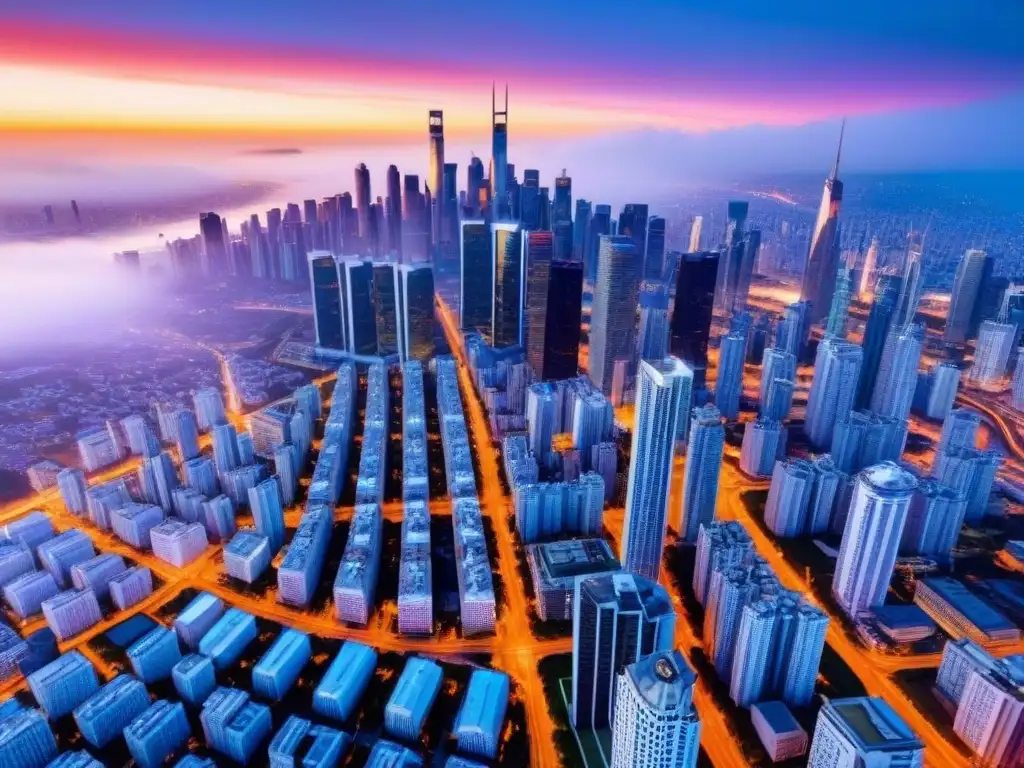 Metrópolis futurista: atardecer vibrante y rascacielos modernos Vista aérea de una ciudad moderna con rascacielos reflejando un atardecer vibrante