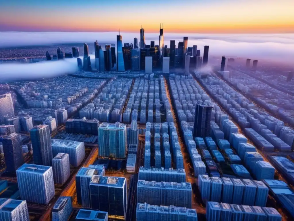 Horizonte urbano dorado: mercado inmobiliario vibrante Vista aérea de una ciudad moderna al atardecer, reflejando el dinamismo del mercado inmobiliario