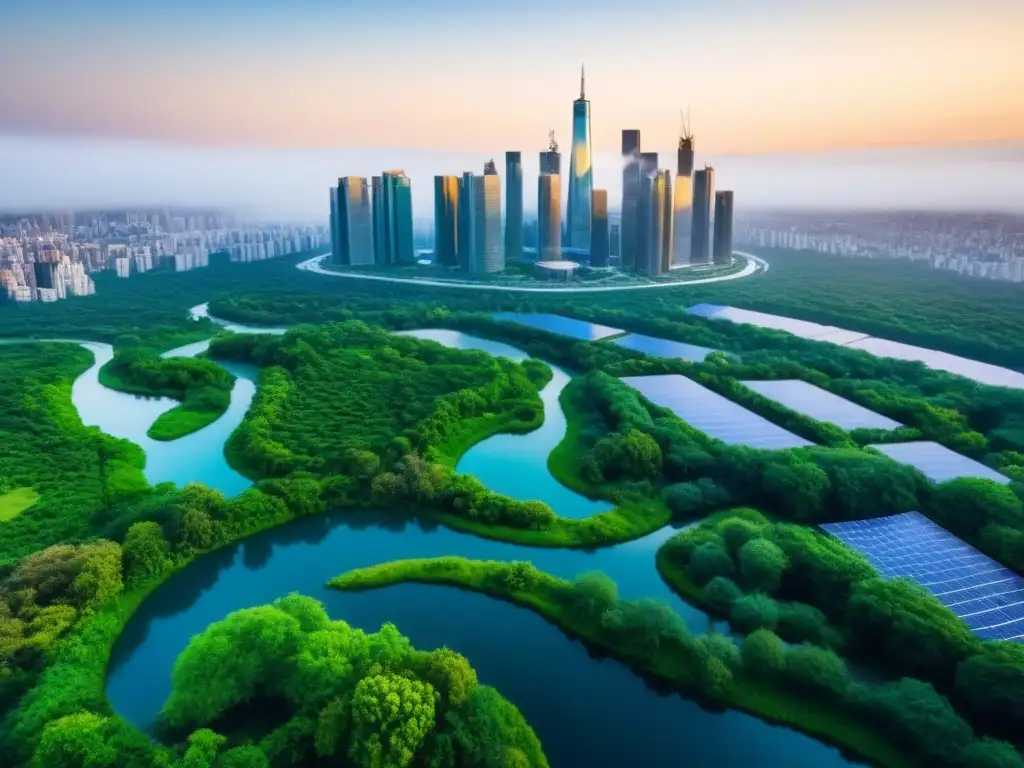 Panorámica impresionante: ciudad moderna con rascacielos y parques verdes Vista aérea de una ciudad moderna con rascacielos, parques verdes y paneles solares, bajo cielo azul