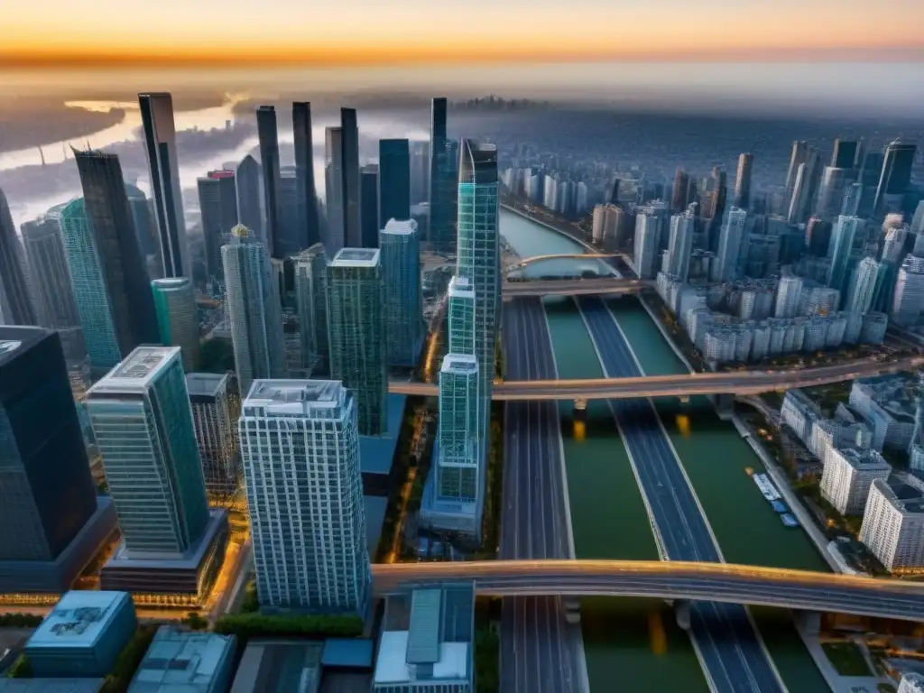 Cityscape financiero: luces y sombras del mercado inmobiliario Vista aérea de una ciudad moderna con rascacielos y edificios residenciales, mostrando la relación entre el distrito financiero y el sector inmobiliario