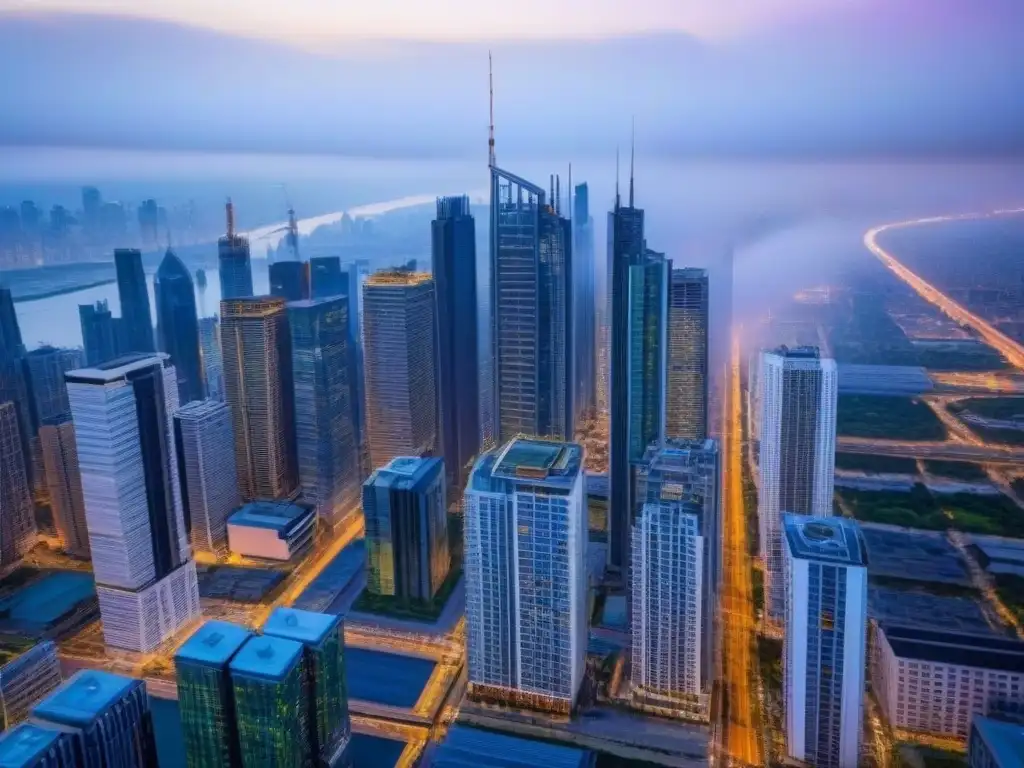 Vibrante real estate: ciudad moderna con rascacielos y construcción Vista aérea de ciudad moderna con rascacielos, calles bulliciosas y obras, simbolizando la evaluación rentabilidad proyecto inmobiliario