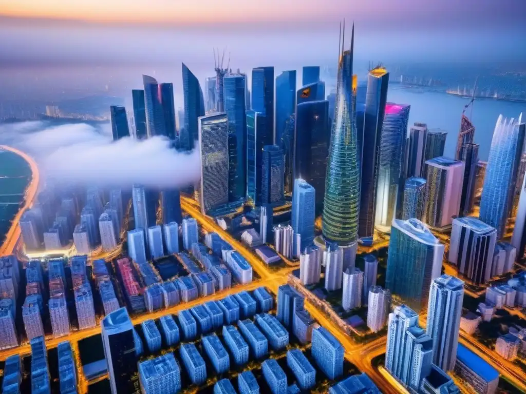 Metrópolis futurista: skyline urbano avanzado Vista aérea de una ciudad moderna con rascacielos y diseño arquitectónico futurista, reflejando prosperidad y crecimiento en el mercado inmobiliario con las mejores estrategias de inversión