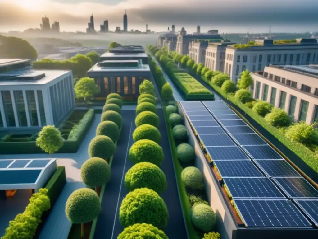 Cityscape eco-friendly: edificios verdes y movilidad sostenible Vista aérea de una ciudad moderna con edificios certificados verdes, arquitectura elegante y jardines en azoteas