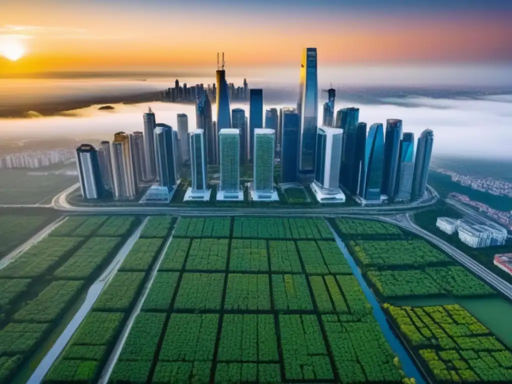 Horizonte sostenible: ciudad futurista LEED con jardines en azoteas Vista aérea de una ciudad moderna con certificación LEED, destacando la arquitectura sostenible y jardines en azoteas