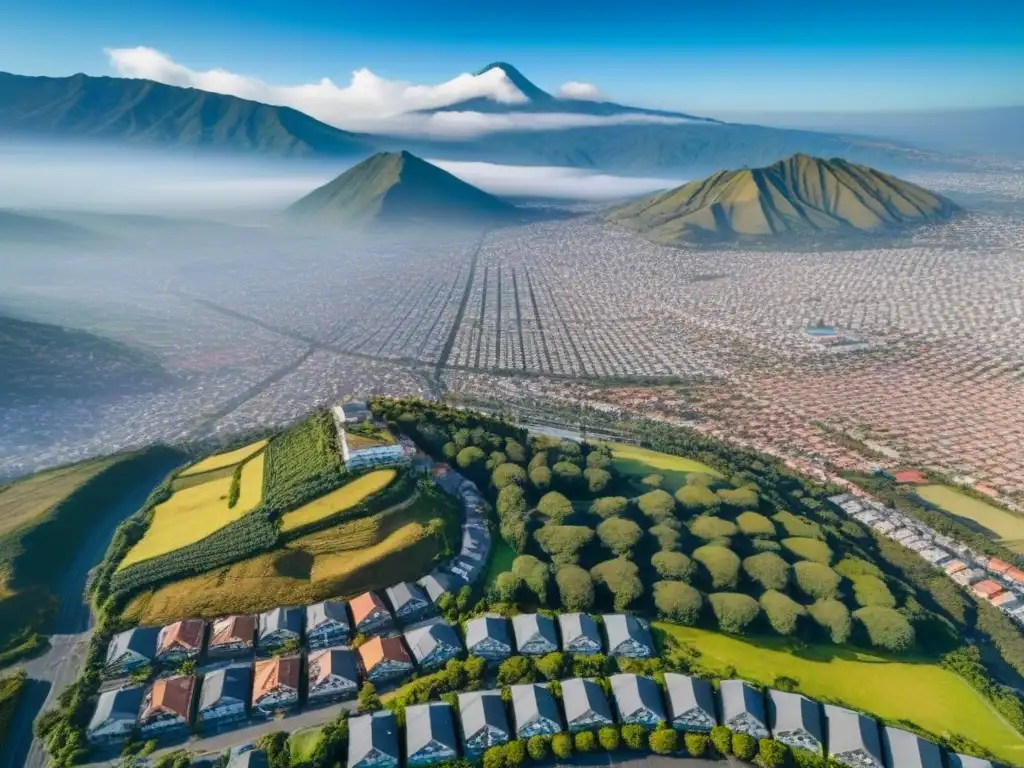 Vibrante ciudad moderna en Ecuador: skyline dinámico Vista aérea de una ciudad moderna en Ecuador, con rascacielos, edificios residenciales y espacios verdes, reflejando el vibrante mercado inmobiliario