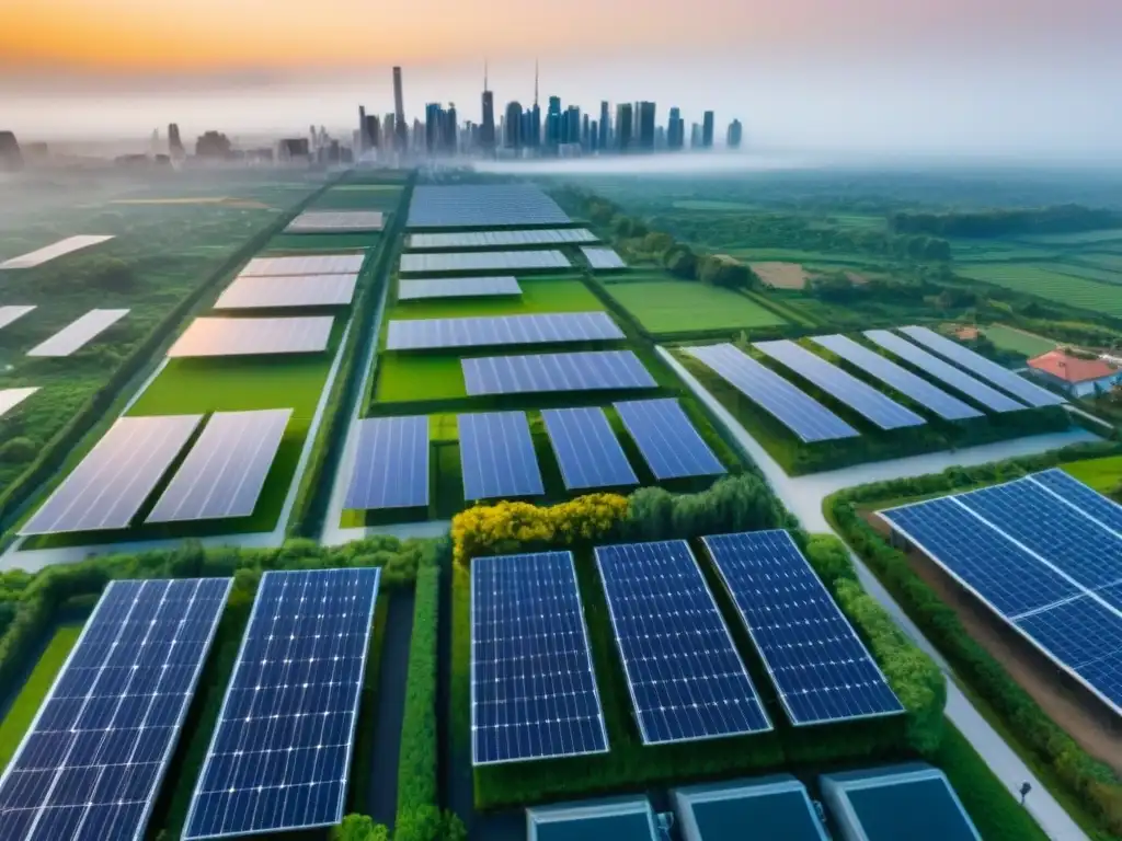 Vista aérea: Edificios eco en ciudad sostenible Vista aérea de una ciudad moderna con techos verdes y paneles solares, destacando la certificación verde en el mercado inmobiliario
