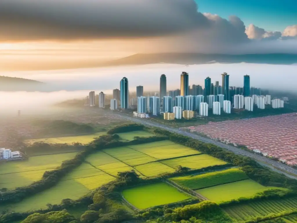 Impacto de regulaciones en mercado inmobiliario colombiano Vista aérea de una ciudad moderna en Colombia, con rascacielos, edificios residenciales y espacios verdes entrelazados, mostrando el impacto de las regulaciones en el mercado inmobiliario de Colombia