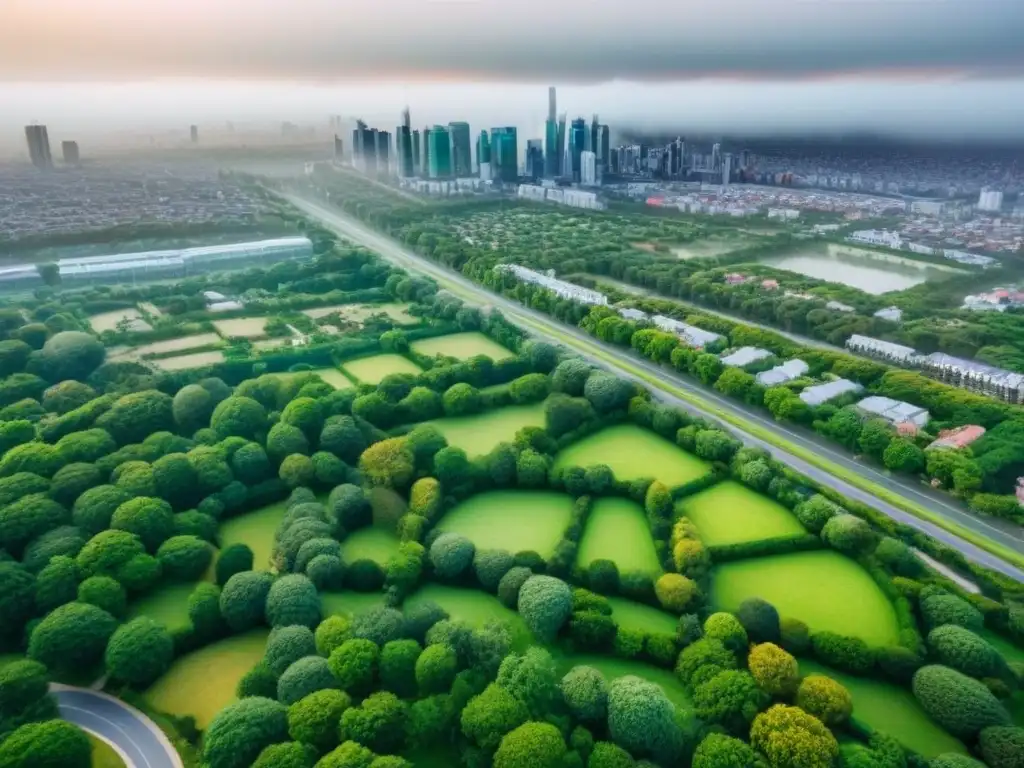 Armonía entre urbanismo y naturaleza: ciudad moderna y verde Vista aérea de una ciudad moderna con diversidad arquitectónica y zonas verdes, destacando la armonía entre desarrollo urbano y naturaleza
